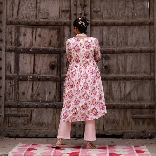 Ruhani White and Pink Ikat Blockprinted Suit Set-Suits-House of Ekam