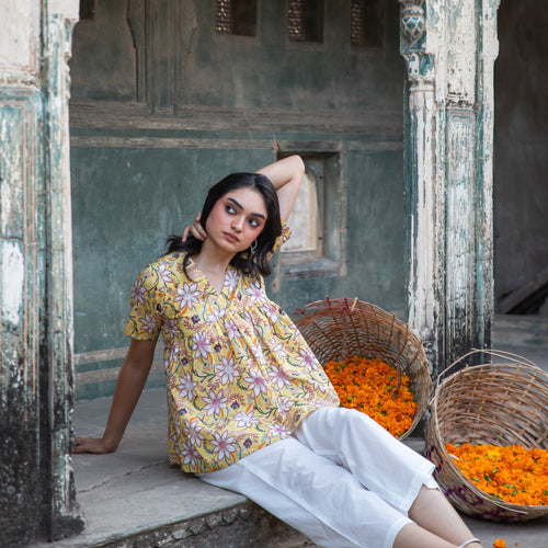 Ruhani Yellow Paisley Blockprinted Cotton Kurti-Shirts-House of Ekam