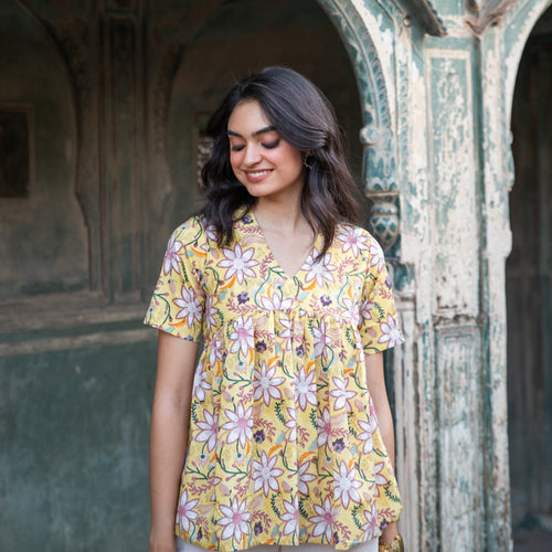 Ruhani Yellow Paisley Blockprinted Cotton Kurti-Shirts-House of Ekam