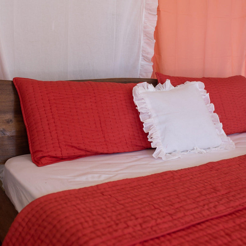 Rust Solid Kantha Stitch Bedcover/Quilt Set-Quilt sets-House of Ekam