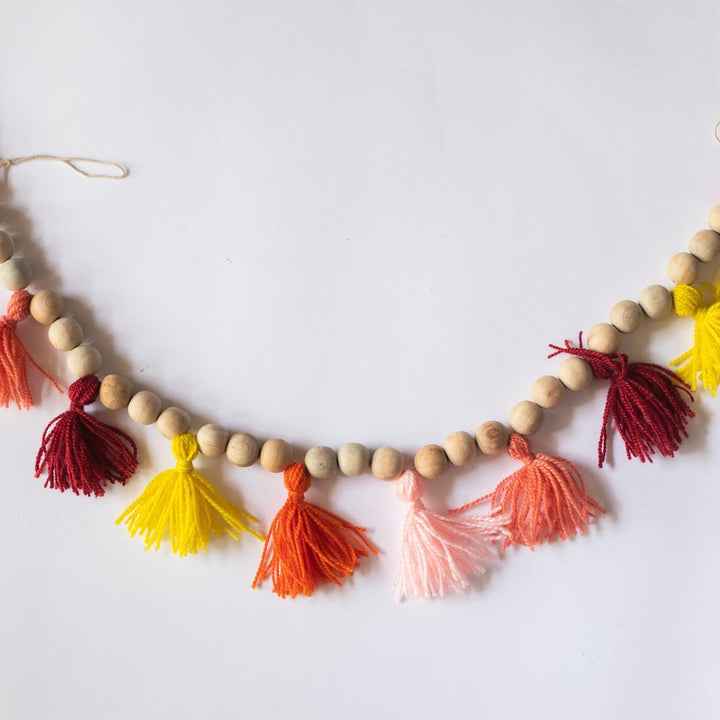 Rustic Wooden &amp; Colorful Wool Tassel Bunting-Buntings-House of Ekam