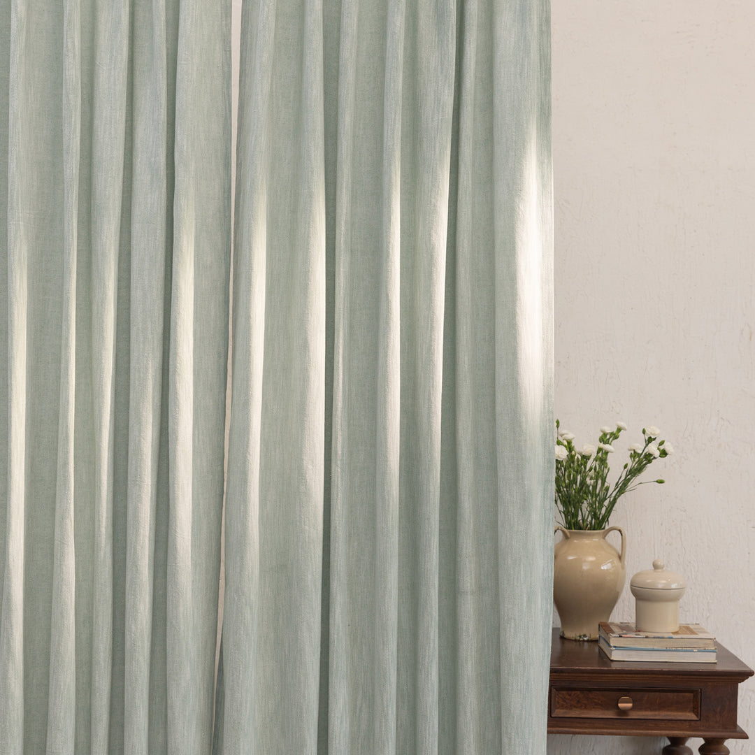 Sage Green Cotton Slub Chambray 80% Blackout Curtain-Curtains-House of Ekam
