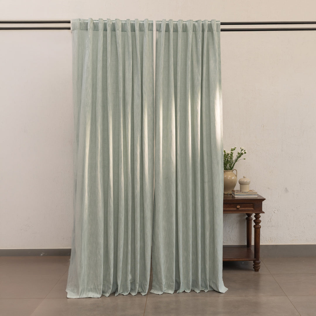 Sage Green Cotton Slub Chambray 80% Blackout Curtain-Curtains-House of Ekam