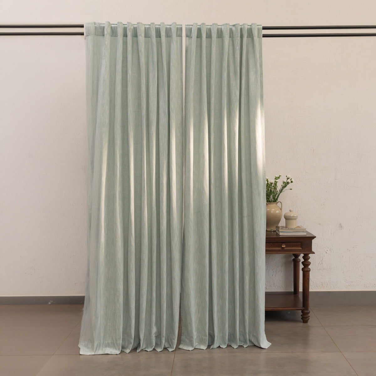 Sage Green Cotton Slub Chambray 80% Blackout Curtain-Curtains-House of Ekam