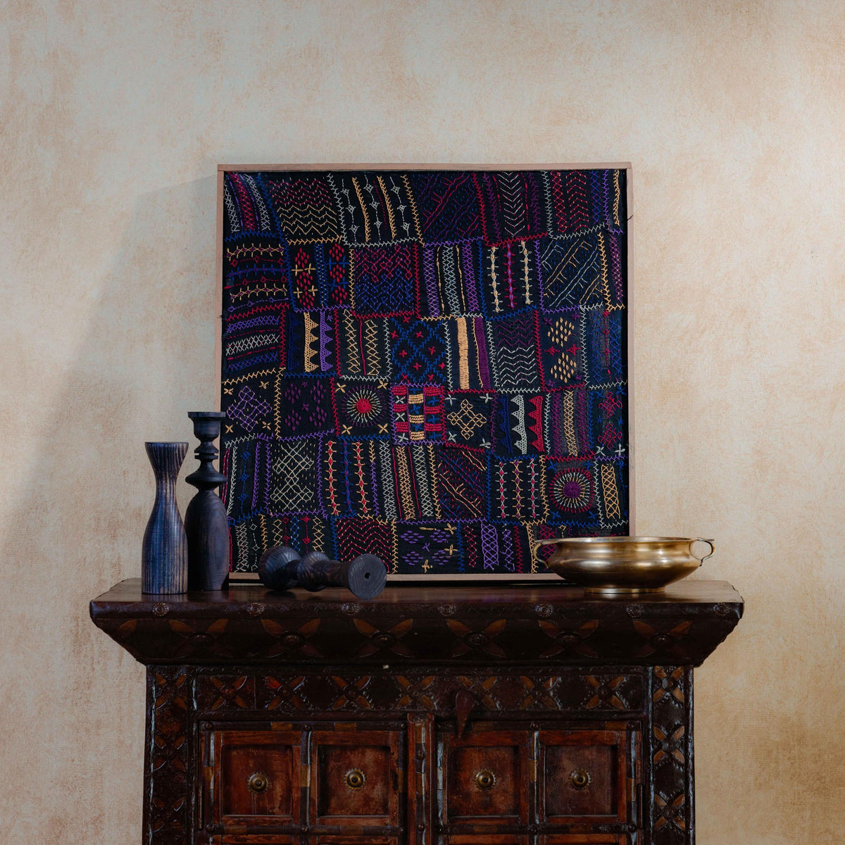 Sangam Black Patchwork Lambani Hand Embroidery Wall Art-Framed Wall Art-House of Ekam