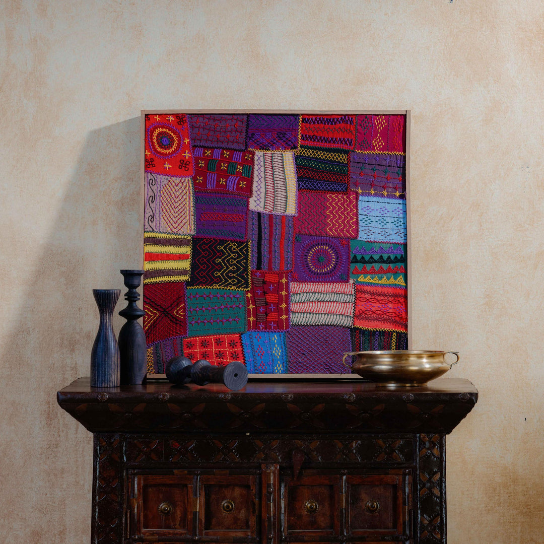 Sangam Multicolor Patchwork Lambani Hand Embroidery Wall Art-Framed Wall Art-House of Ekam