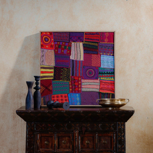 Sangam Multicolor Patchwork Lambani Hand Embroidery Wall Art-Framed Wall Art-House of Ekam