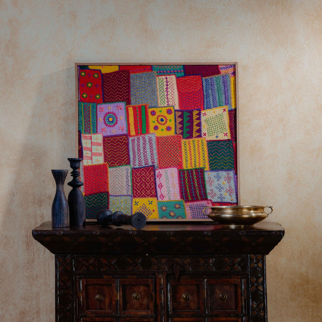 Sangam Multicolor Patchwork Lambani Hand Embroidery Wall Art-Framed Wall Art-House of Ekam