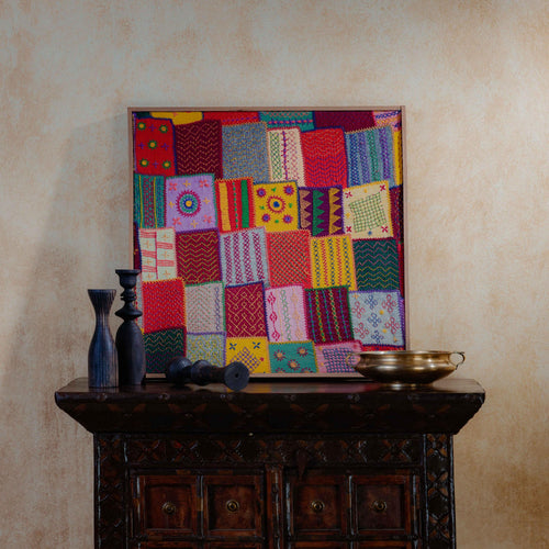 Sangam Multicolor Patchwork Lambani Hand Embroidery Wall Art-Framed Wall Art-House of Ekam