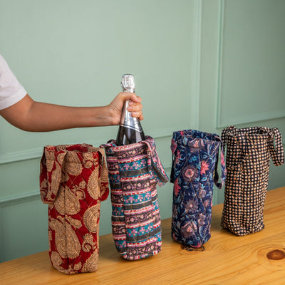 Set of 4 Blockprinted Wine Bottle Bags-Wine Bottle Bag-House of Ekam