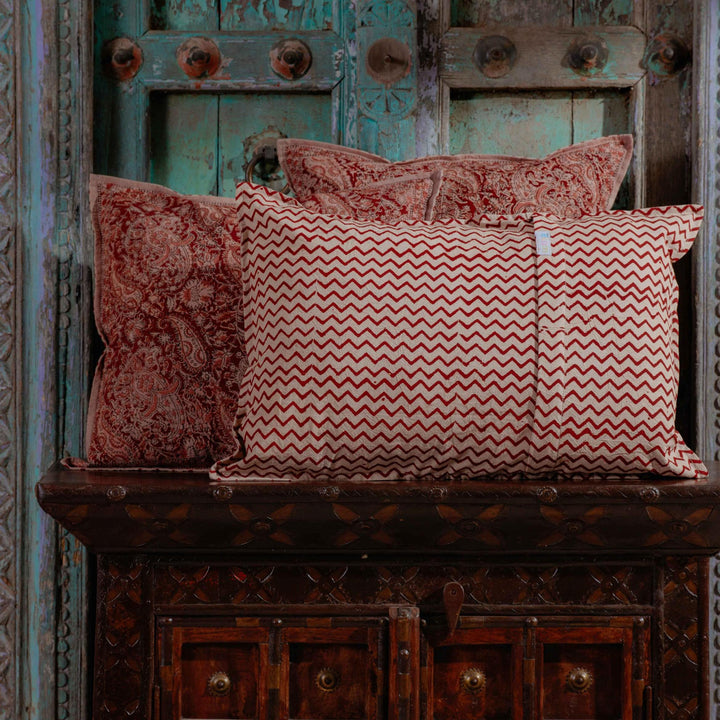 Sindhura Paisley Kalamkari Blockprint Cushion Cover-Cushion Covers-House of Ekam
