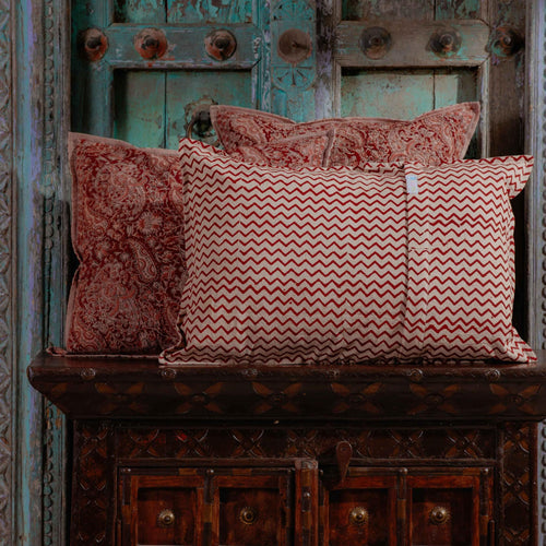 Sindhura Paisley Kalamkari Blockprint Cushion Cover-Cushion Covers-House of Ekam