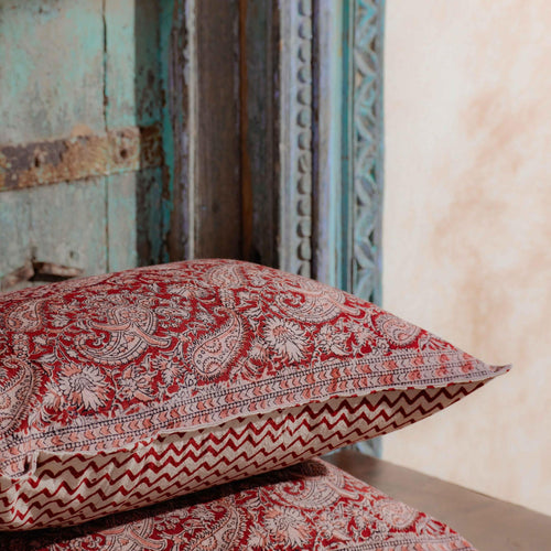 Sindhura Paisley Kalamkari Blockprint Cushion Cover-Cushion Covers-House of Ekam