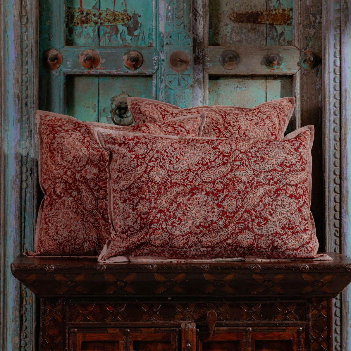 Sindhura Paisley Kalamkari Blockprint Cushion Cover-Cushion Covers-House of Ekam