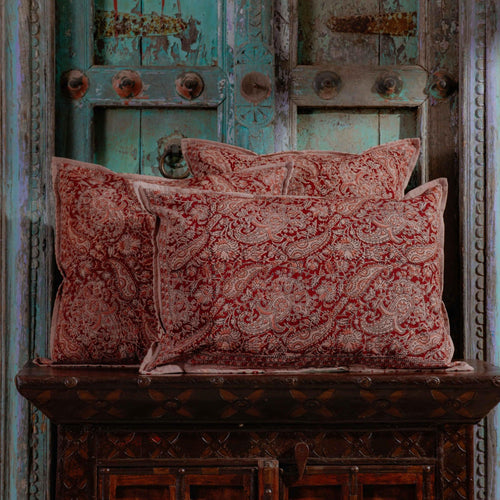 Sindhura Paisley Kalamkari Blockprint Cushion Cover-Cushion Covers-House of Ekam