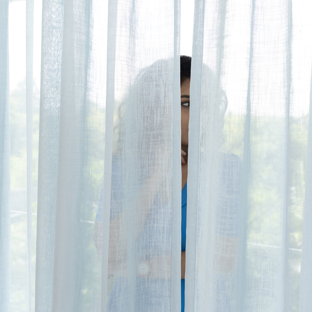 Sky Blue Poly Linen Sheer Curtain-Curtains-House of Ekam