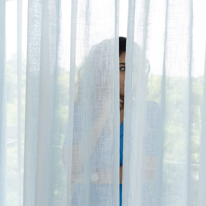 Sky Blue Poly Linen Sheer Curtain-Curtains-House of Ekam