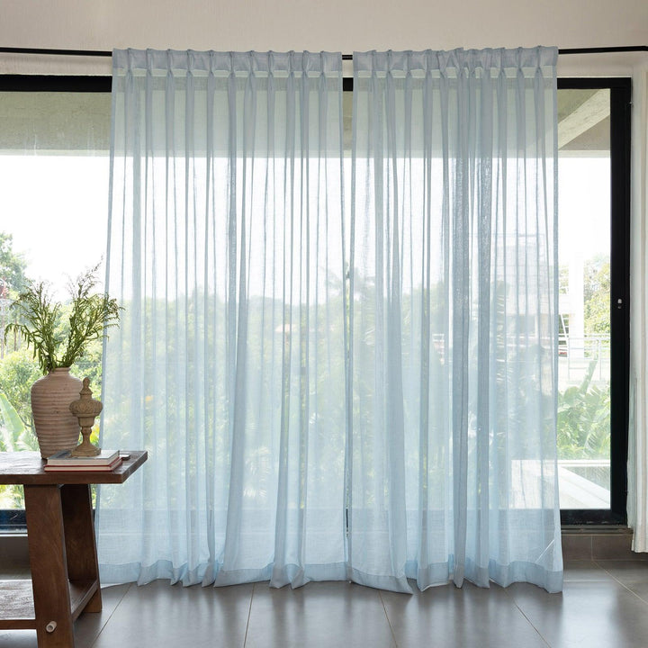 Sky Blue Poly Linen Sheer Curtain-Curtains-House of Ekam