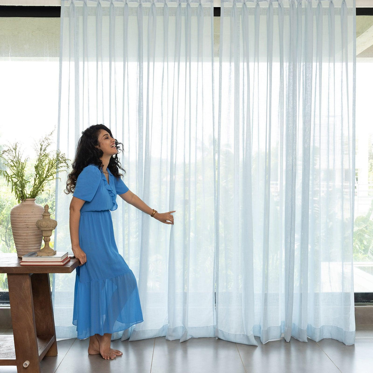 Sky Blue Poly Linen Sheer Curtain-Curtains-House of Ekam