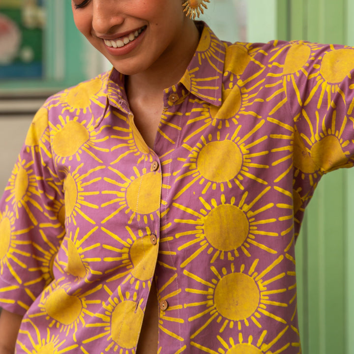 Soleil Purple &amp; Yellow Co-ord Set with Shorts-Coord sets-House of Ekam