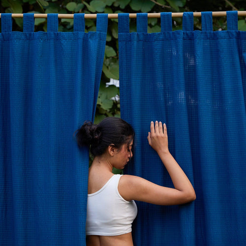 Solid Blue Cotton Handloom Curtain-Curtains-House of Ekam