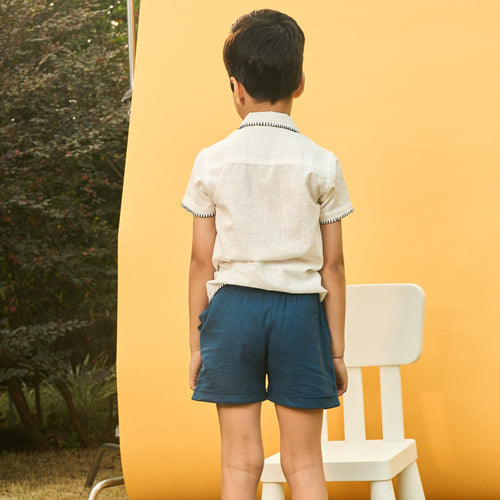 Solid Blue Cotton Slub Boys Shorts-Kidswear-House of Ekam