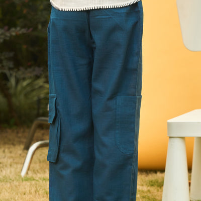 Solid Blue Cotton Slub Cargo Pants-Kidswear-House of Ekam