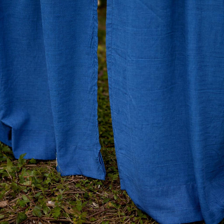 Solid Blue Cotton Slub Curtain-Curtains-House of Ekam