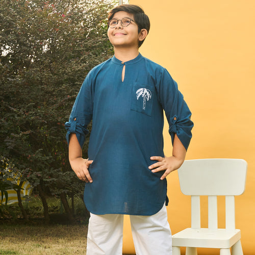 Solid Blue Kids Kurta with Palm-Kidswear-House of Ekam