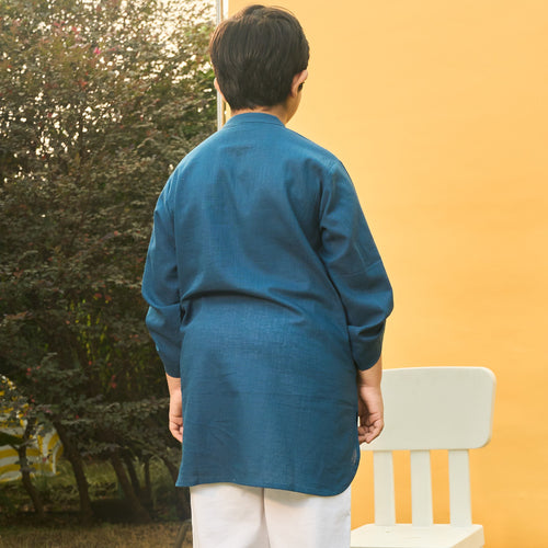 Solid Blue Kids Kurta with Palm-Kidswear-House of Ekam