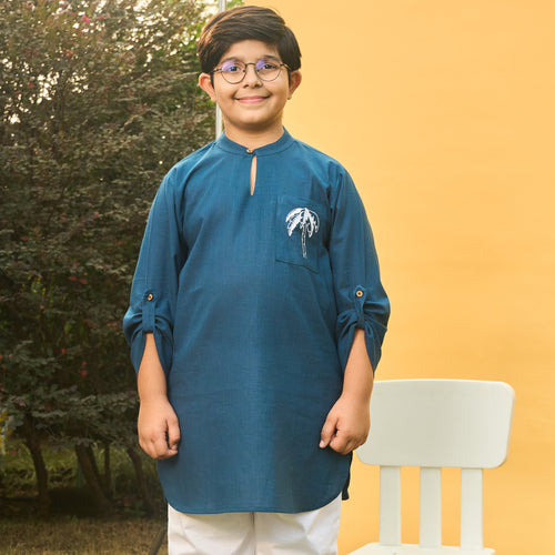 Solid Blue Kids Kurta with Palm-Kidswear-House of Ekam