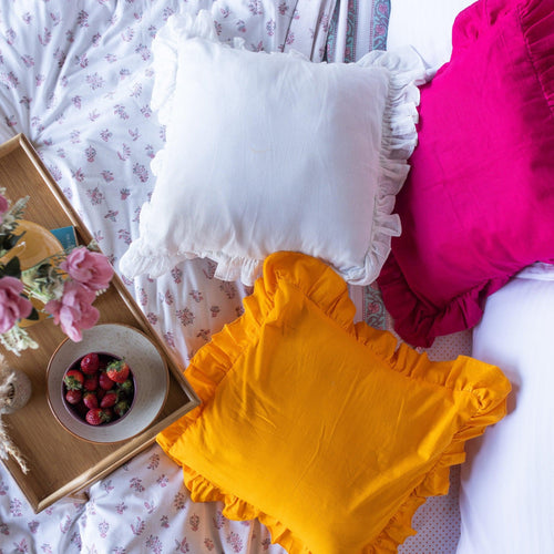 Solid Blue Ruffle Cotton Cushion Cover – House of Ekam