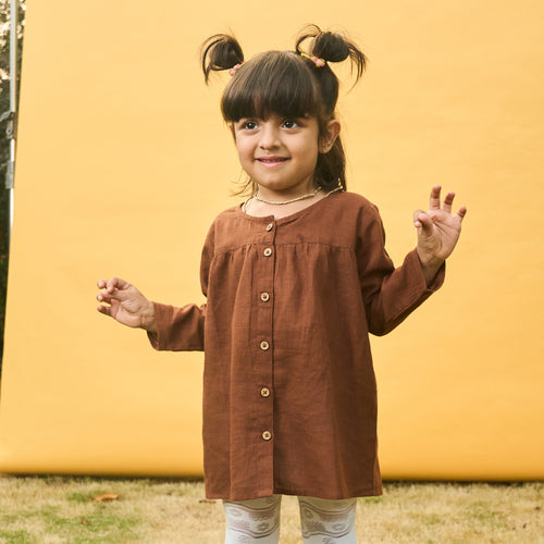 Solid Brown Cotton Slub Girl Dress-Kidswear-House of Ekam