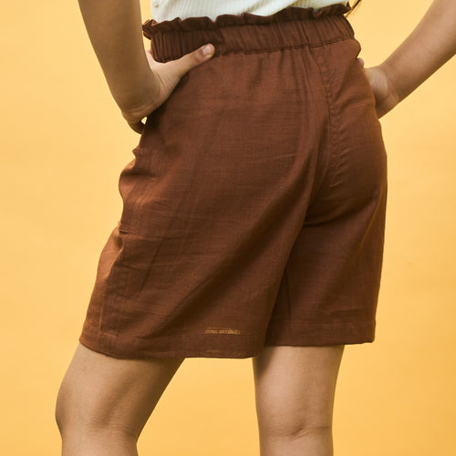 Solid Brown Cotton Slub Girls Shorts-Kidswear-House of Ekam