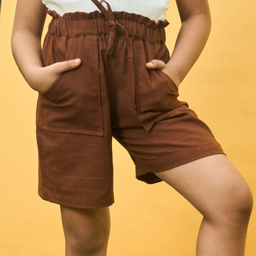 Solid Brown Cotton Slub Girls Shorts-Kidswear-House of Ekam