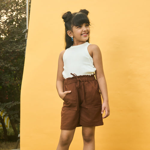 Solid Brown Cotton Slub Girls Shorts-Kidswear-House of Ekam