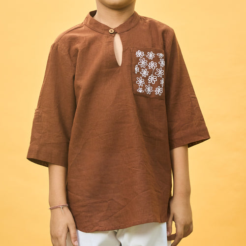 Solid Brown Kids Kurta with Flowers-Kidswear-House of Ekam