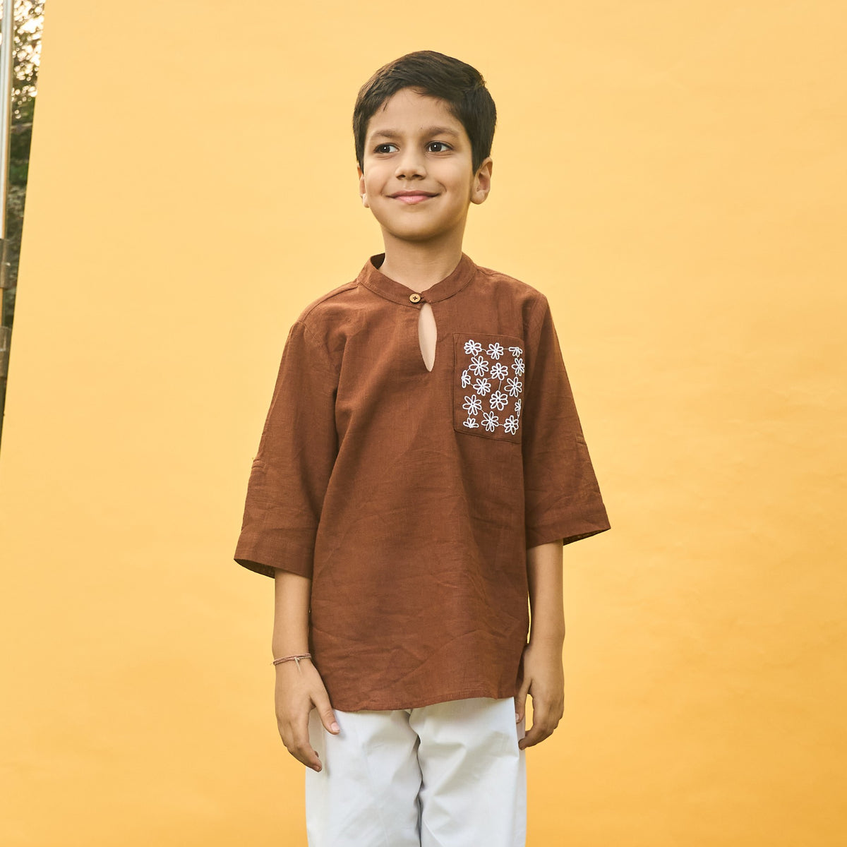 Solid Brown Kids Kurta with Flowers-Kidswear-House of Ekam