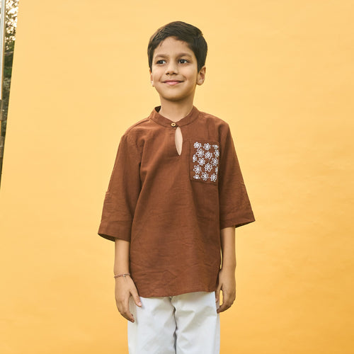 Solid Brown Kids Kurta with Flowers-Kidswear-House of Ekam