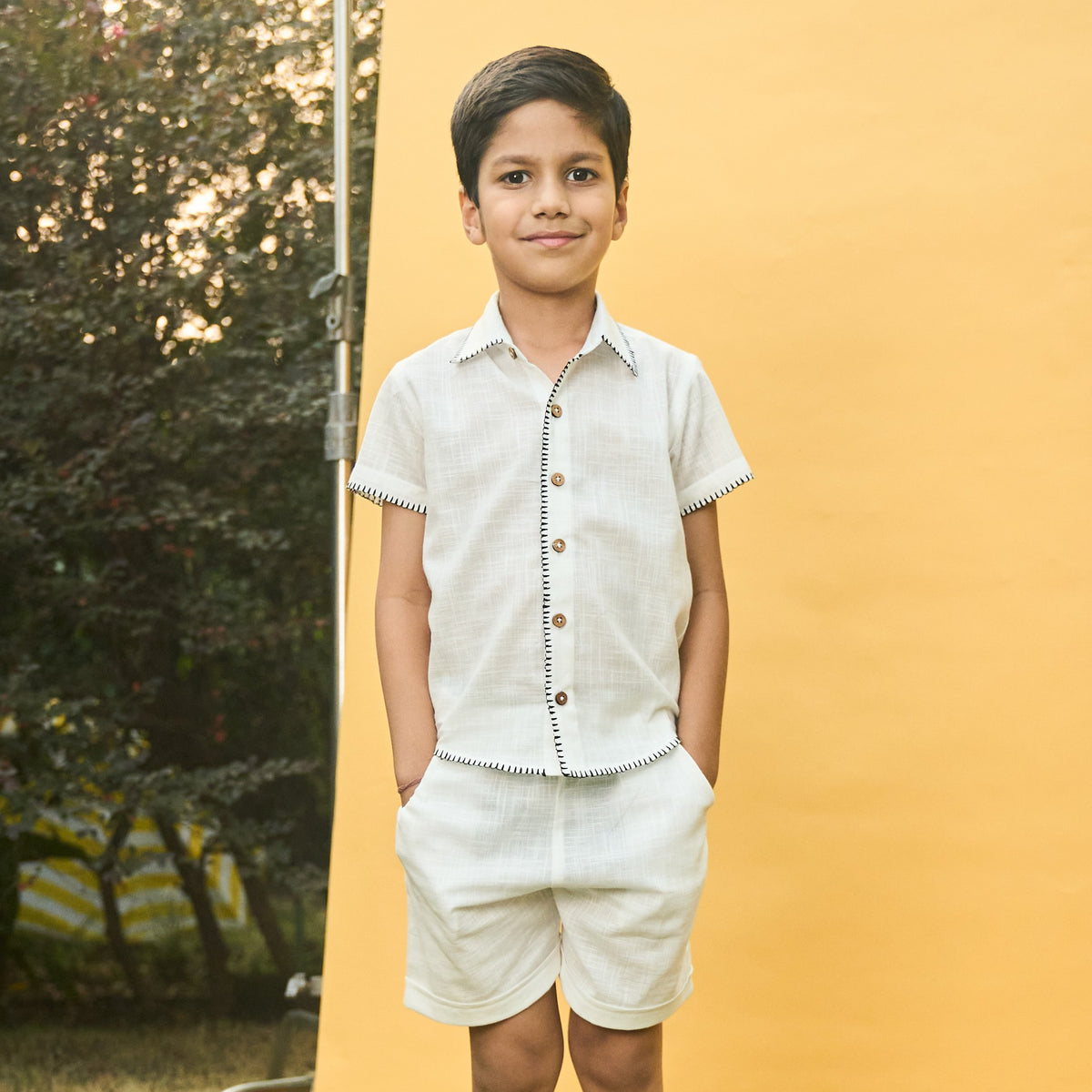 Solid White Cotton Slub Boys Embroidered Co-ord Set-Kidswear-House of Ekam
