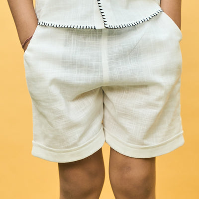 Solid White Cotton Slub Boys Shorts-Kidswear-House of Ekam