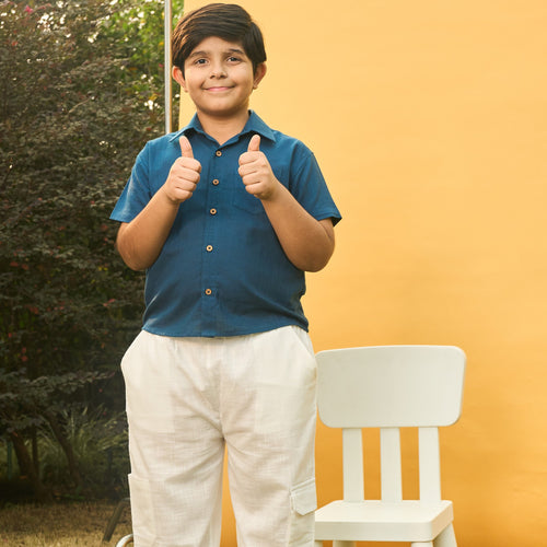 Solid White Cotton Slub Cargo Pants-Kidswear-House of Ekam