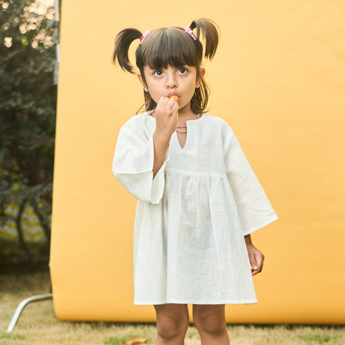 Solid White Cotton Slub Girl Dress-Kidswear-House of Ekam