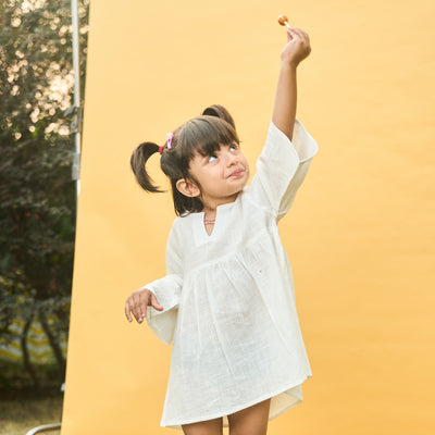 Solid White Cotton Slub Girl Dress-Kidswear-House of Ekam