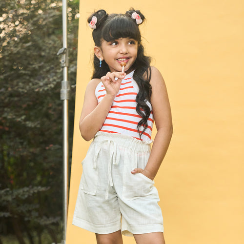 Solid White Cotton Slub Girls Shorts-Kidswear-House of Ekam