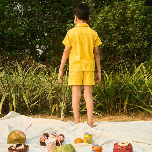 Solid Yellow Cotton Slub Boys Shorts-Kidswear-House of Ekam