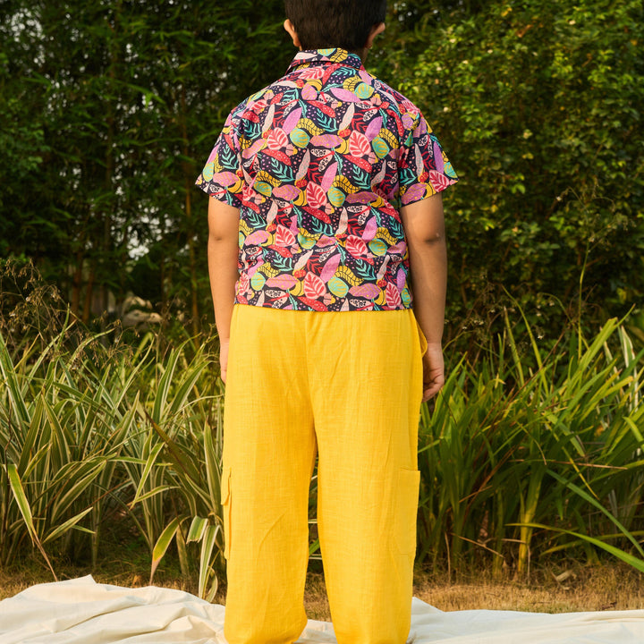 Solid Yellow Cotton Slub Cargo Pants-Kidswear-House of Ekam