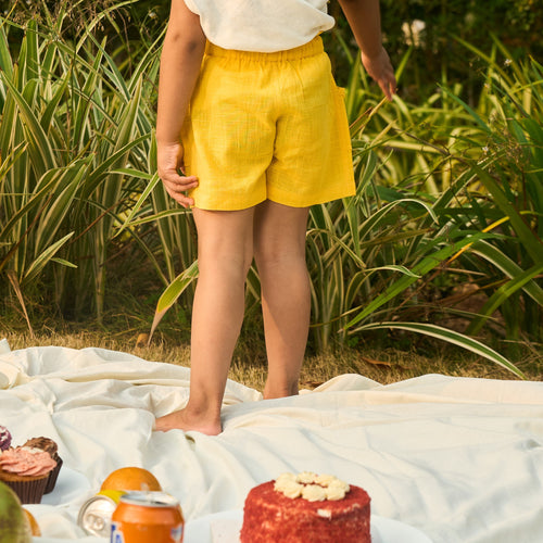 Solid Yellow Cotton Slub Girls Shorts-Kidswear-House of Ekam