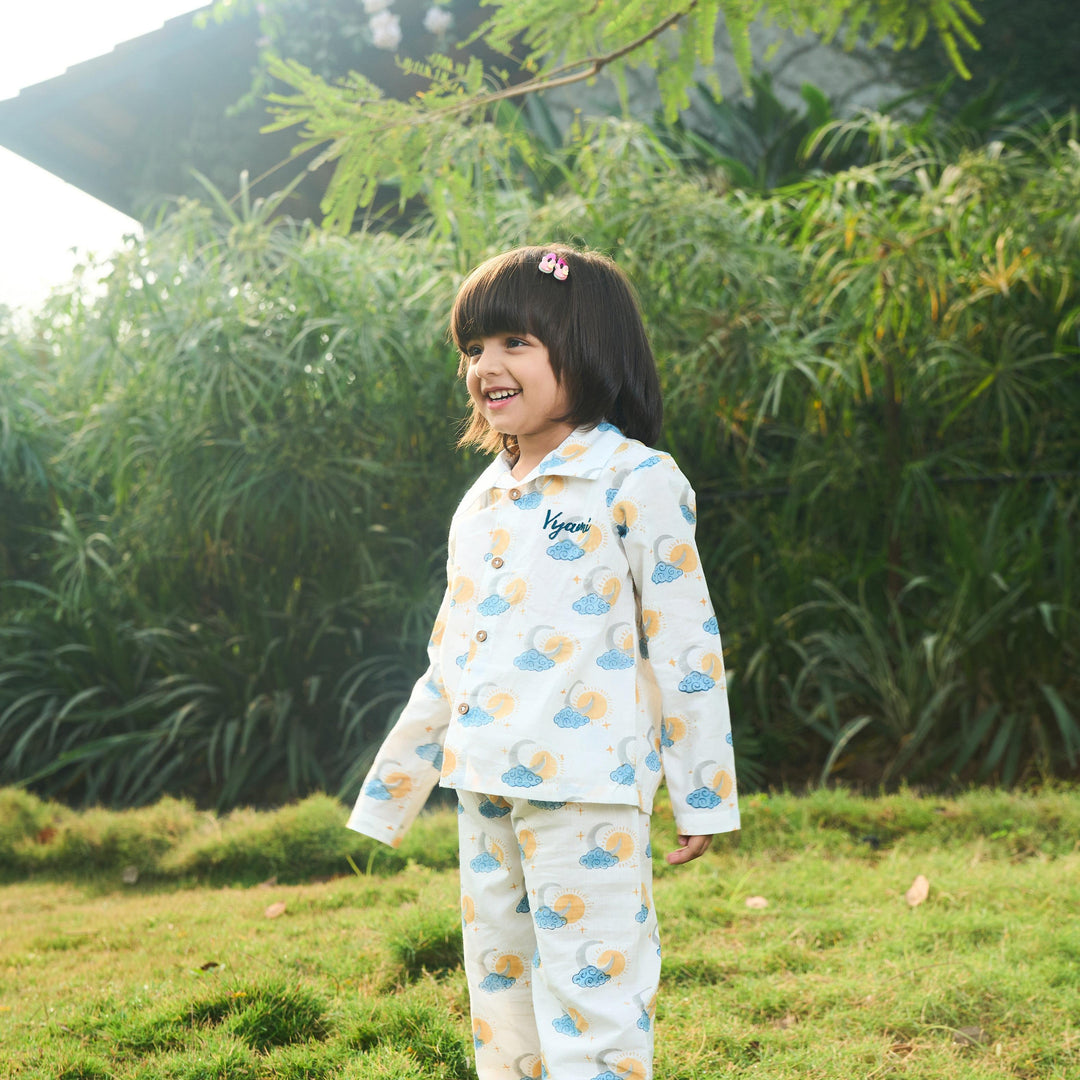 Sun and Moon Blockprinted Nightsuit Set-Kidswear-House of Ekam