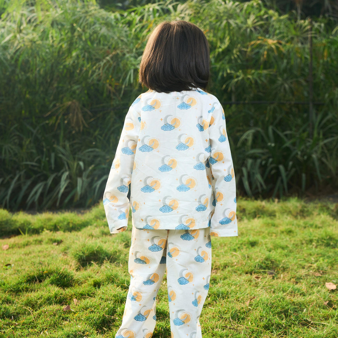 Sun and Moon Blockprinted Nightsuit Set-Kidswear-House of Ekam